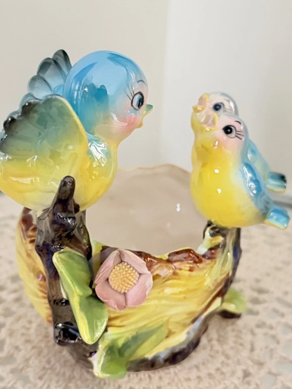 Norcrest  Vintage 1950's Bluebird Planter Mother Bird Perched w Her Two Babies